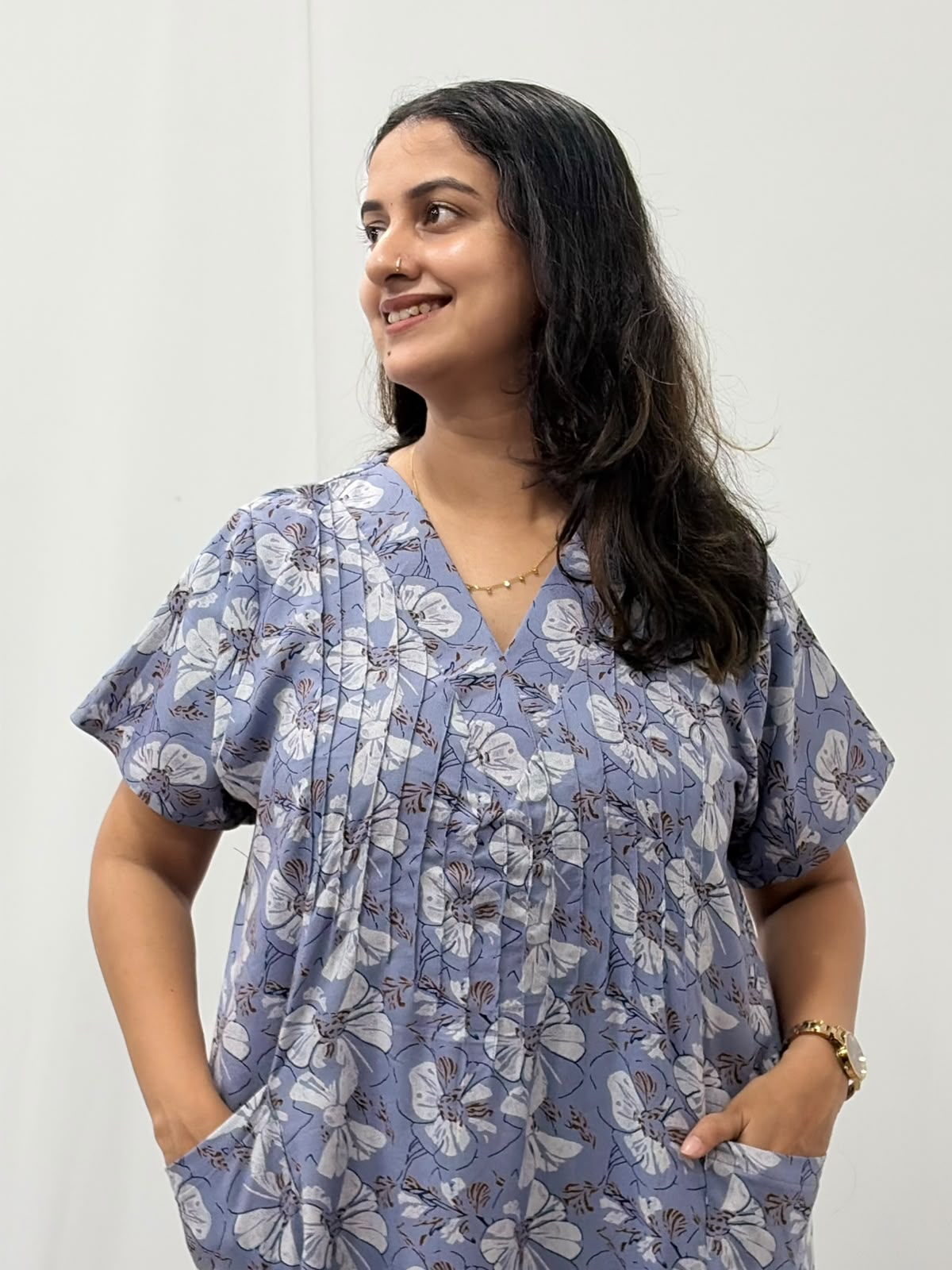 Grey Floral Printed V-Neck Alfine Churidar Cut Nighty | Free Size | Chest Width 44″| Length 56″