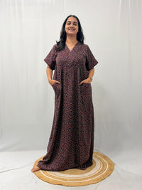 Wine Floral Printed V-Neck Alfine Churidar Cut Nighty | Free Size | Chest Width 44″| Length 56″
