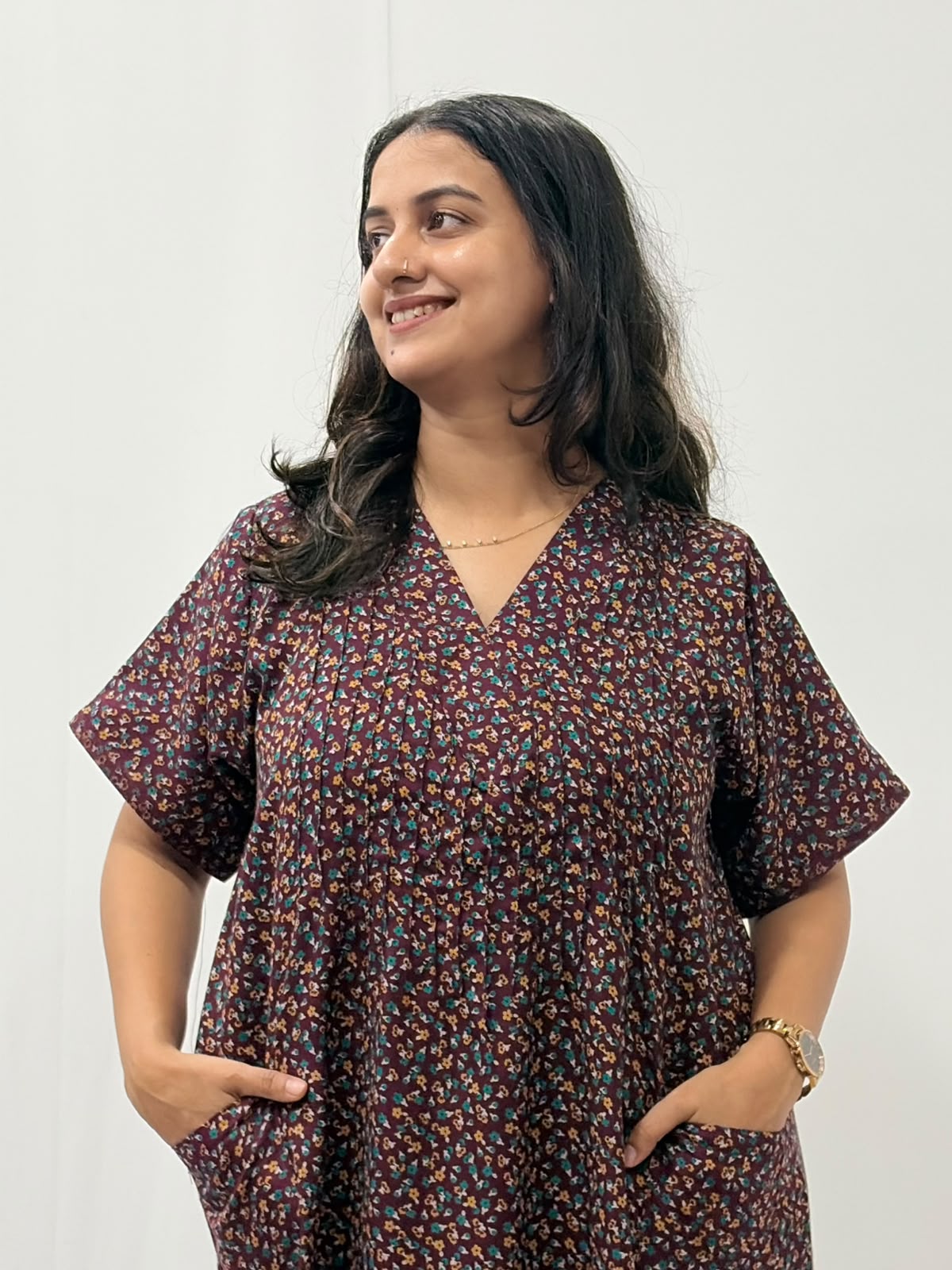 Wine Floral Printed V-Neck Alfine Churidar Cut Nighty | Free Size | Chest Width 44″| Length 56″