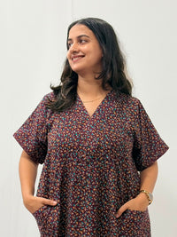 Wine Floral Printed V-Neck Alfine Churidar Cut Nighty | Free Size | Chest Width 44″| Length 56″