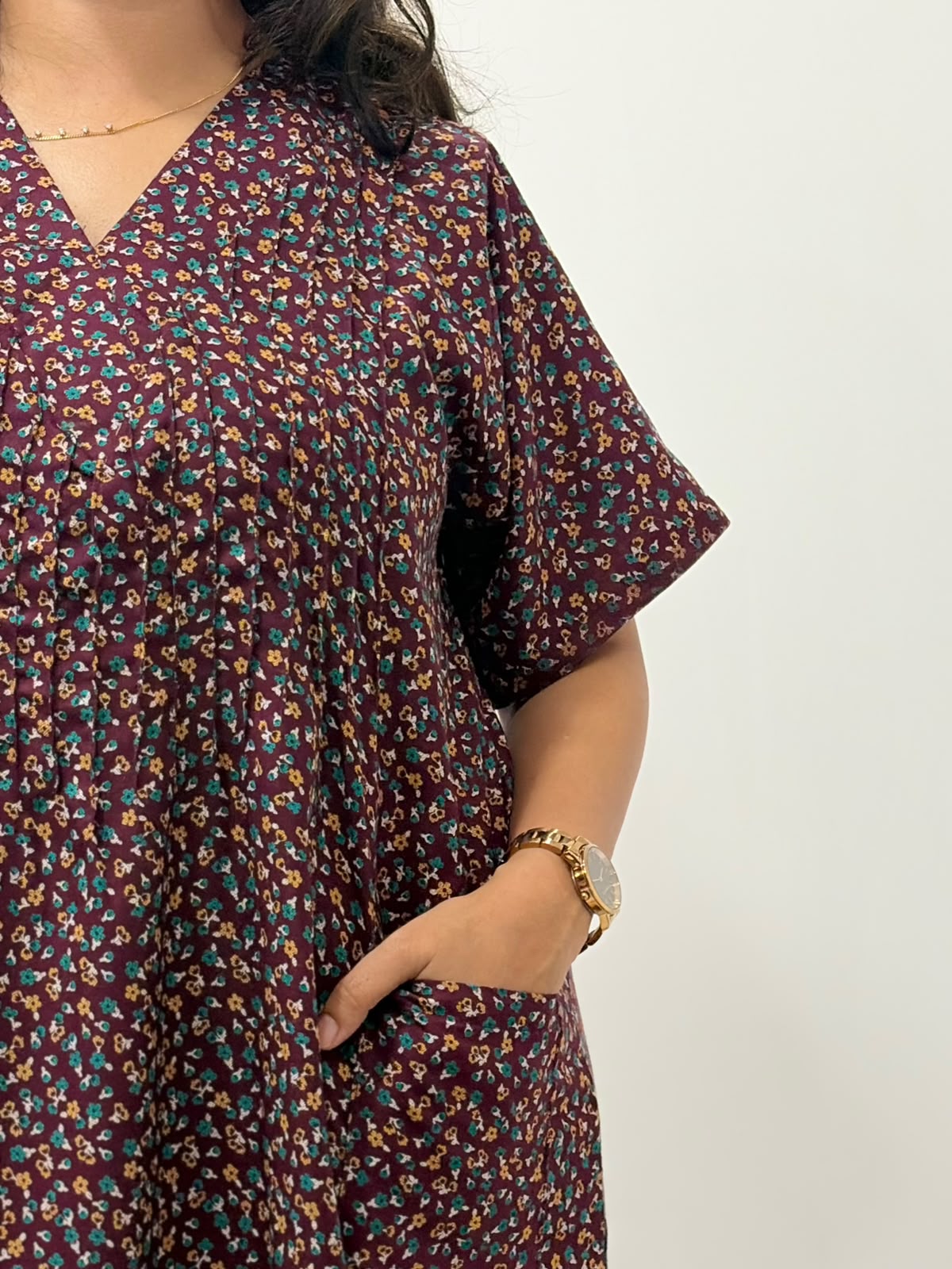 Wine Floral Printed V-Neck Alfine Churidar Cut Nighty | Free Size | Chest Width 44″| Length 56″