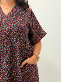 Wine Floral Printed V-Neck Alfine Churidar Cut Nighty | Free Size | Chest Width 44″| Length 56″