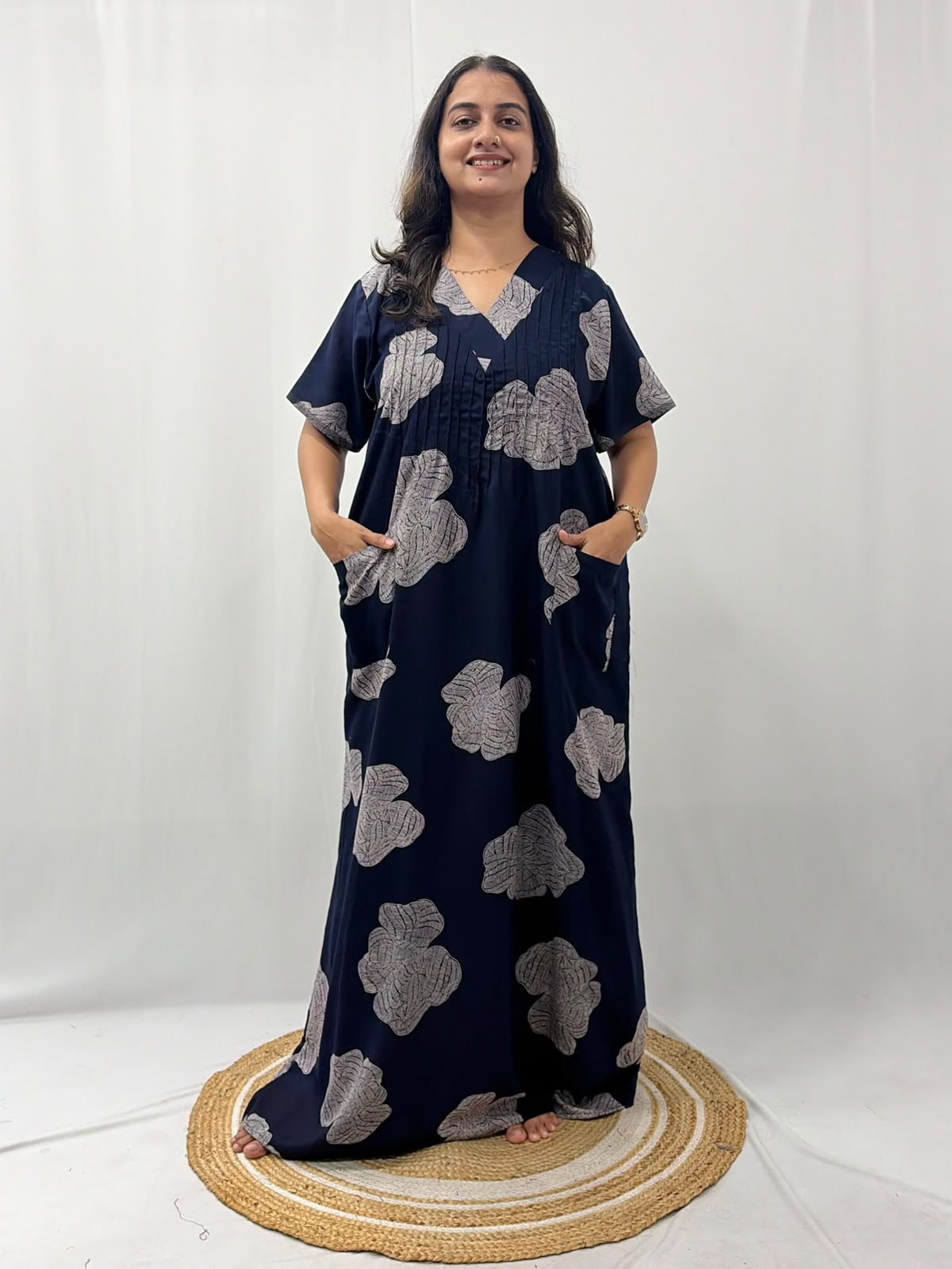 White Floral Printed Navy-blue V-Neck Alfine Churidar Cut Nighty | Free Size | Chest Width 44″| Length 56″