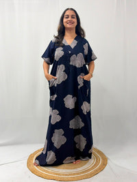 White Floral Printed Navy-blue V-Neck Alfine Churidar Cut Nighty | Free Size | Chest Width 44″| Length 56″