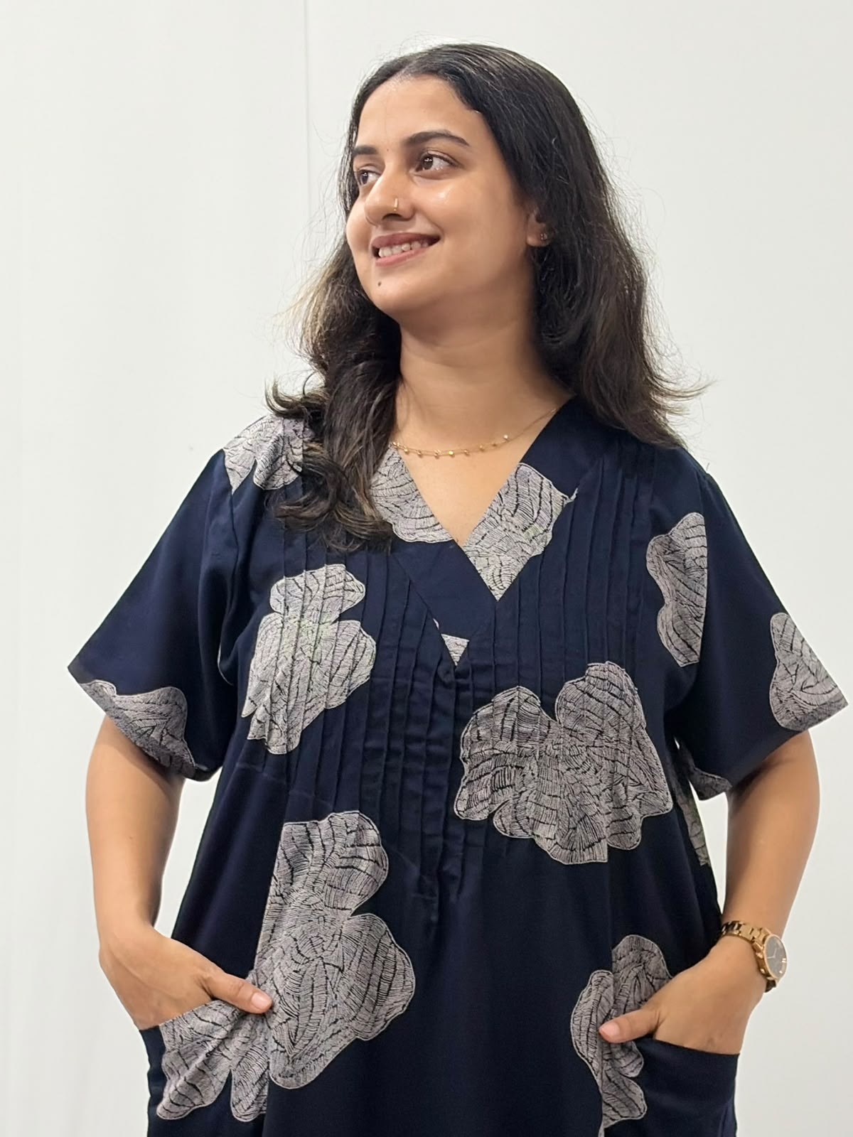 White Floral Printed Navy-blue V-Neck Alfine Churidar Cut Nighty | Free Size | Chest Width 44″| Length 56″