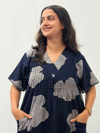 White Floral Printed Navy-blue V-Neck Alfine Churidar Cut Nighty | Free Size | Chest Width 44″| Length 56″
