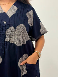 White Floral Printed Navy-blue V-Neck Alfine Churidar Cut Nighty | Free Size | Chest Width 44″| Length 56″