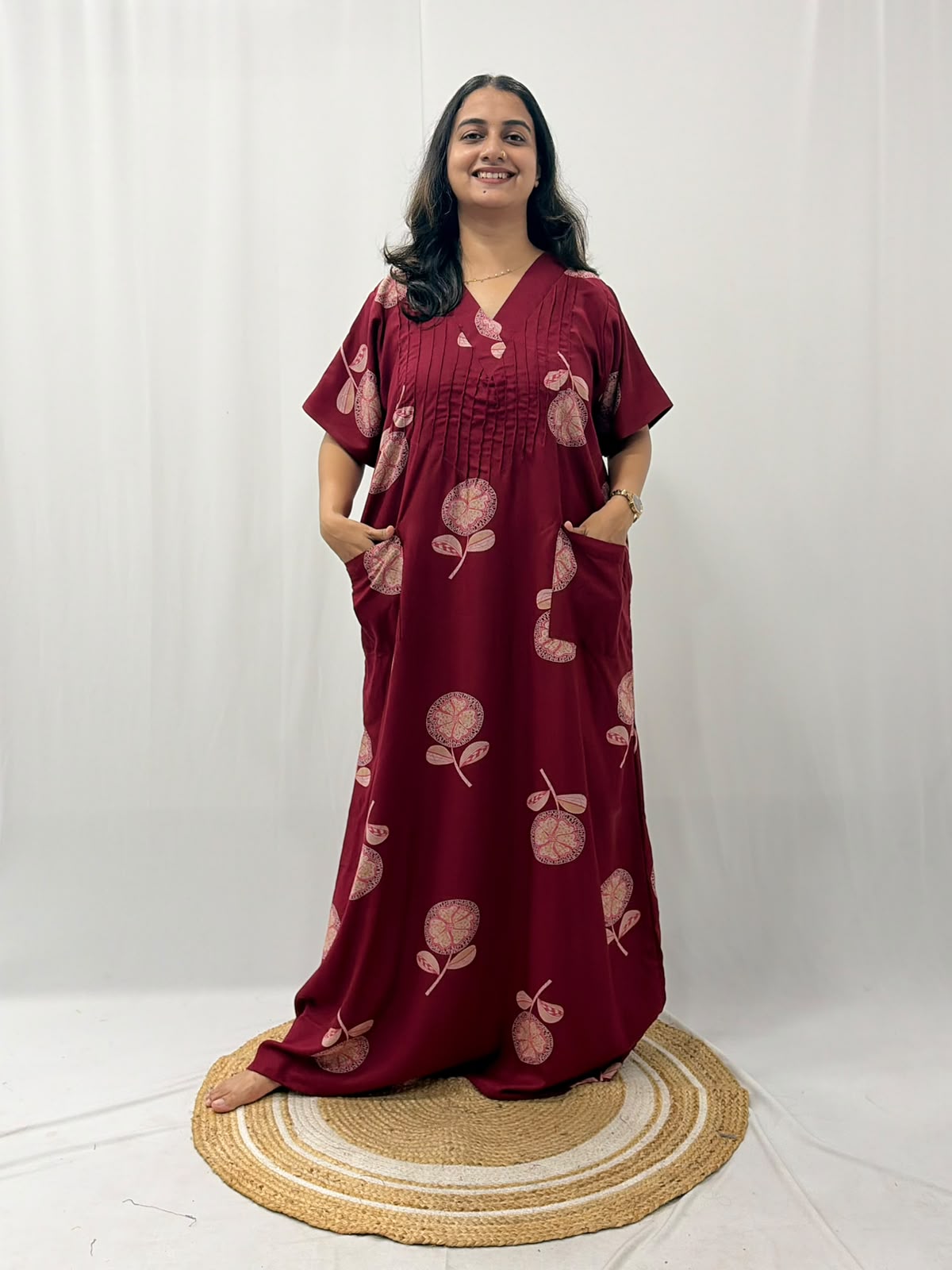 Maroon Floral Printed V-Neck Alfine Churidar Cut Nighty | Free Size | Chest Width 44″| Length 56″