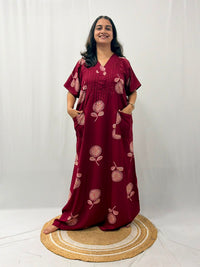 Maroon Floral Printed V-Neck Alfine Churidar Cut Nighty | Free Size | Chest Width 44″| Length 56″