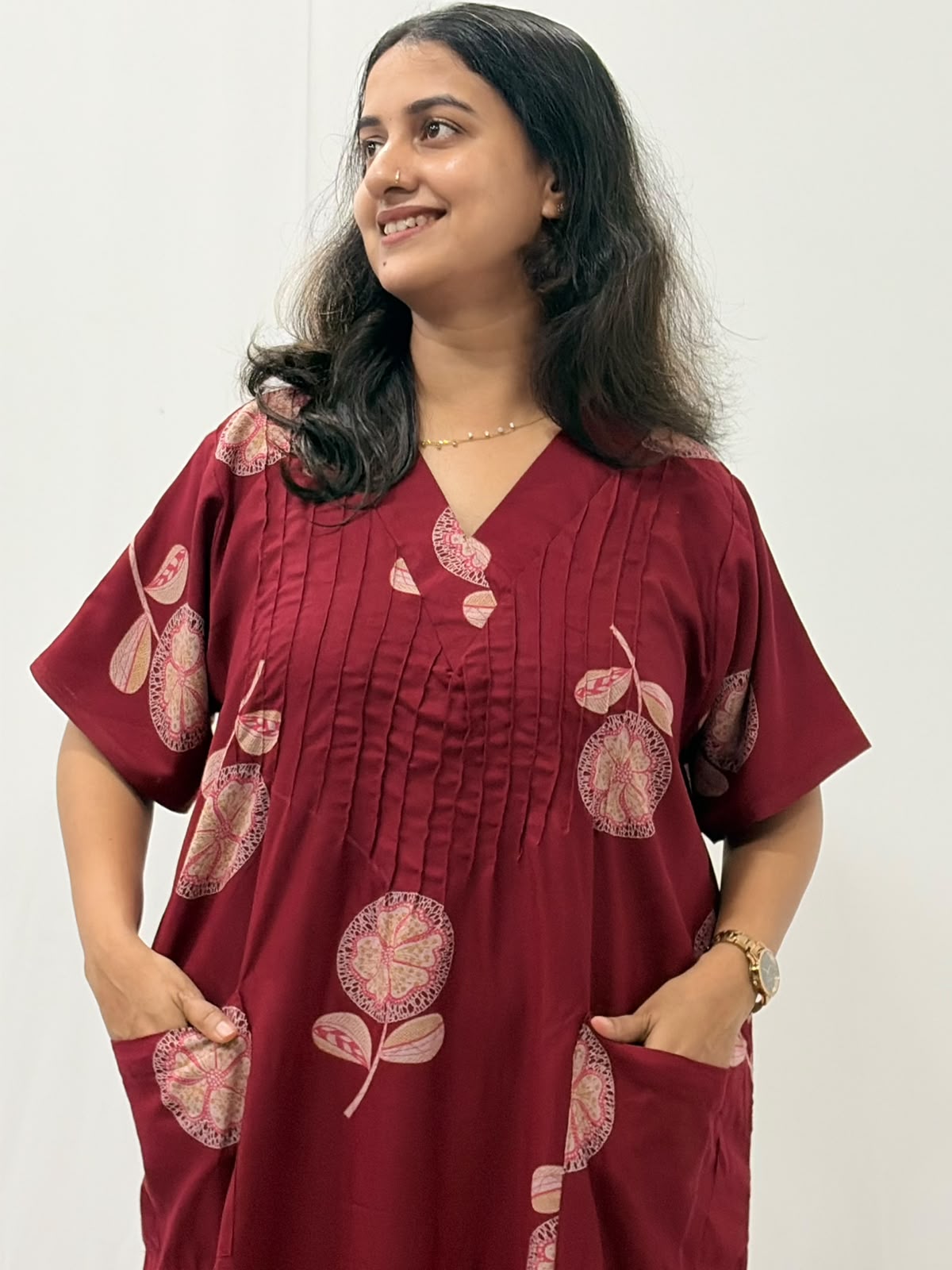 Maroon Floral Printed V-Neck Alfine Churidar Cut Nighty | Free Size | Chest Width 44″| Length 56″