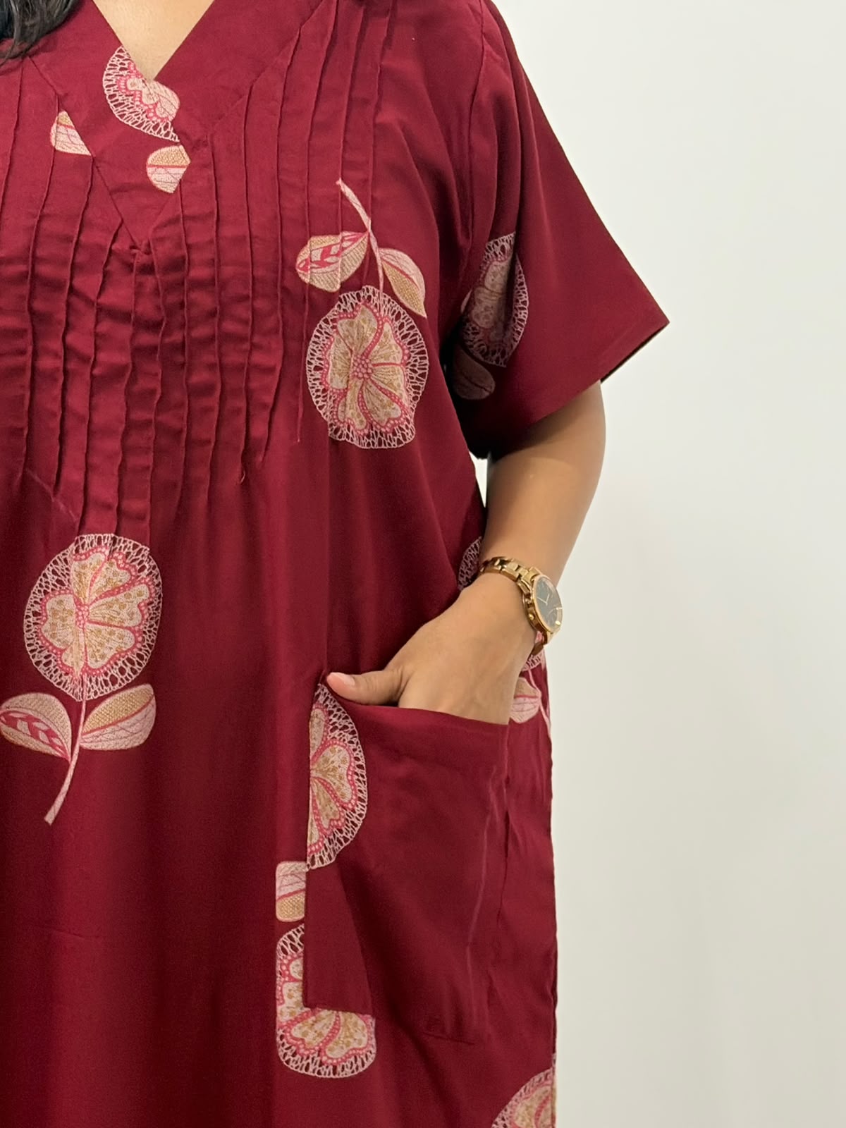 Maroon Floral Printed V-Neck Alfine Churidar Cut Nighty | Free Size | Chest Width 44″| Length 56″
