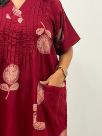 Maroon Floral Printed V-Neck Alfine Churidar Cut Nighty | Free Size | Chest Width 44″| Length 56″