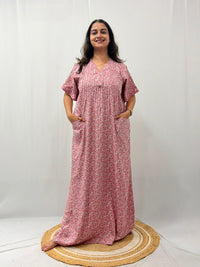 Pink Floral Printed V-Neck Alfine Churidar Cut Nighty | Free Size | Chest Width 44″| Length 56″