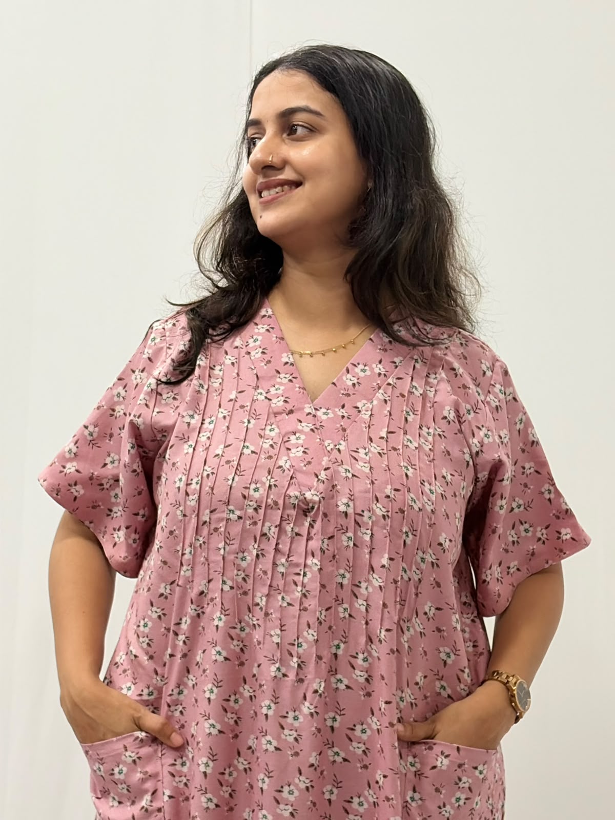 Pink Floral Printed V-Neck Alfine Churidar Cut Nighty | Free Size | Chest Width 44″| Length 56″