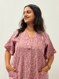 Pink Floral Printed V-Neck Alfine Churidar Cut Nighty | Free Size | Chest Width 44″| Length 56″