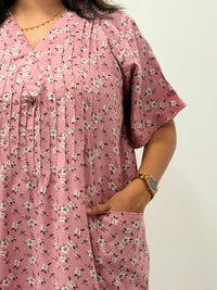 Pink Floral Printed V-Neck Alfine Churidar Cut Nighty | Free Size | Chest Width 44″| Length 56″