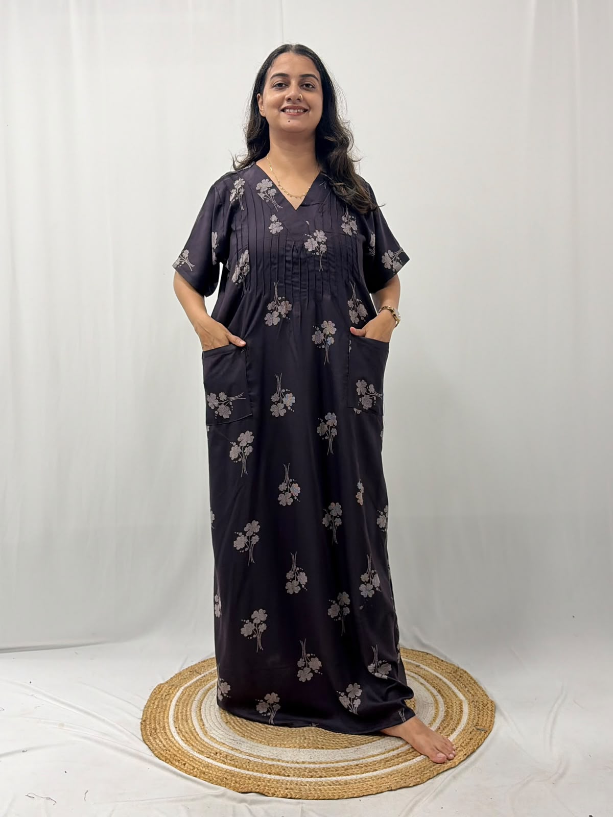 Grey Floral Printed Brown V-Neck Alfine Churidar Cut Nighty | Free Size | Chest Width 44″| Length 56″