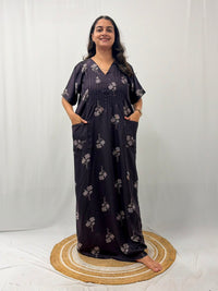 Grey Floral Printed Brown V-Neck Alfine Churidar Cut Nighty | Free Size | Chest Width 44″| Length 56″