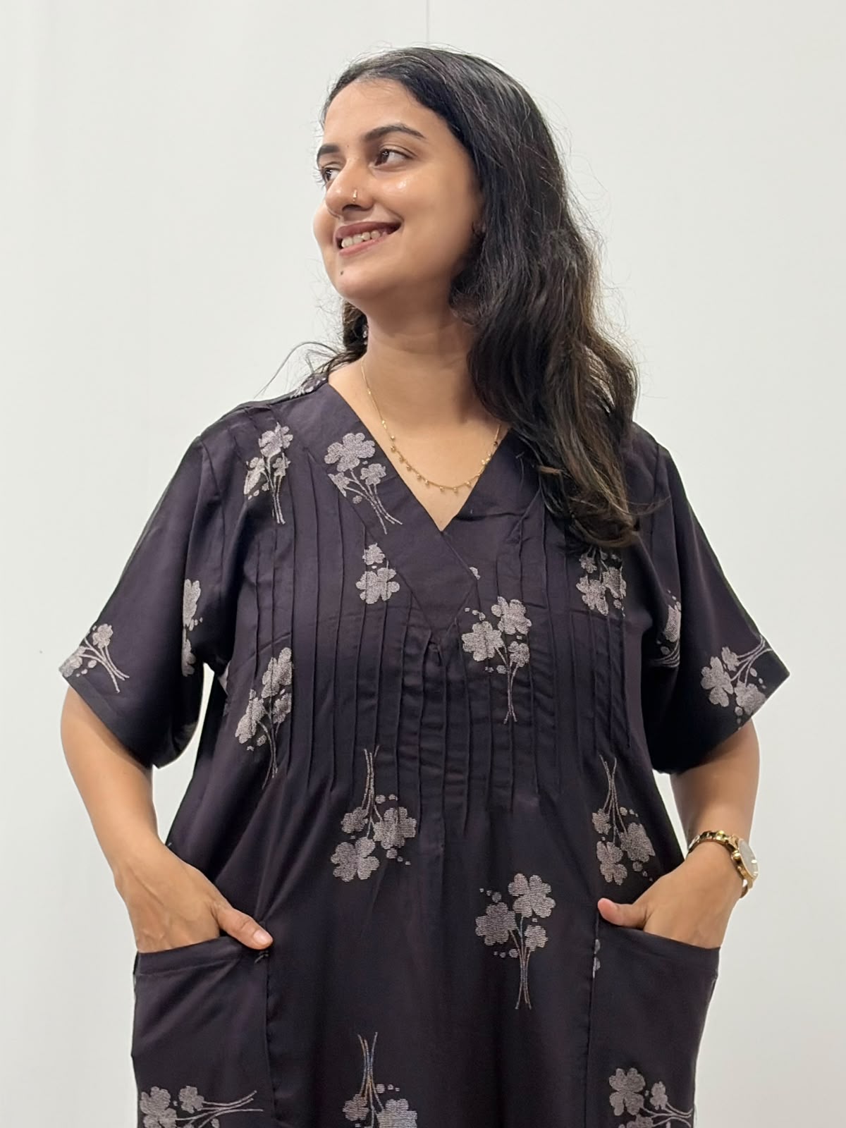 Grey Floral Printed Brown V-Neck Alfine Churidar Cut Nighty | Free Size | Chest Width 44″| Length 56″