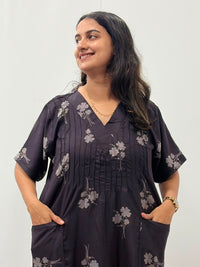 Grey Floral Printed Brown V-Neck Alfine Churidar Cut Nighty | Free Size | Chest Width 44″| Length 56″