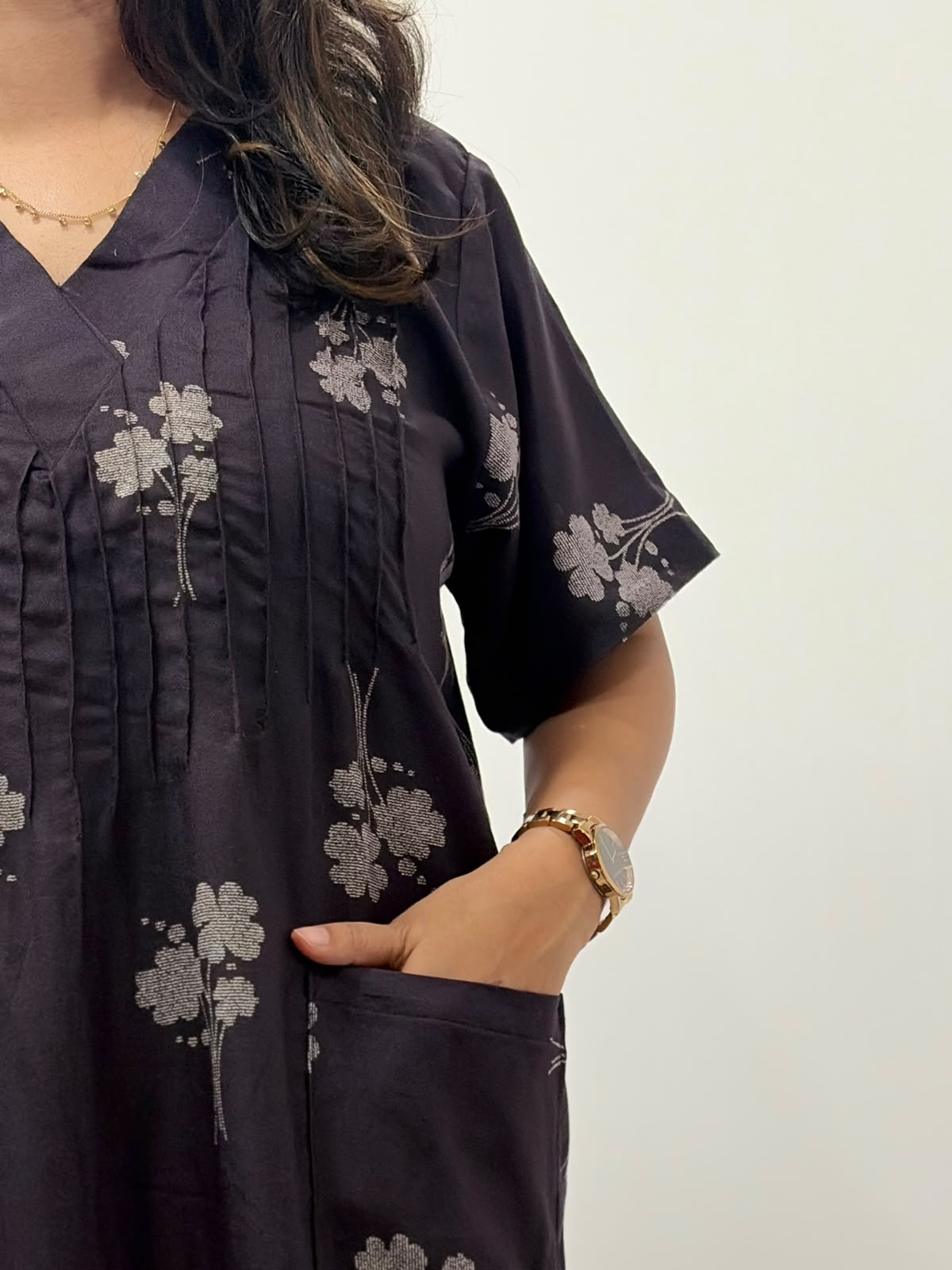 Grey Floral Printed Brown V-Neck Alfine Churidar Cut Nighty | Free Size | Chest Width 44″| Length 56″