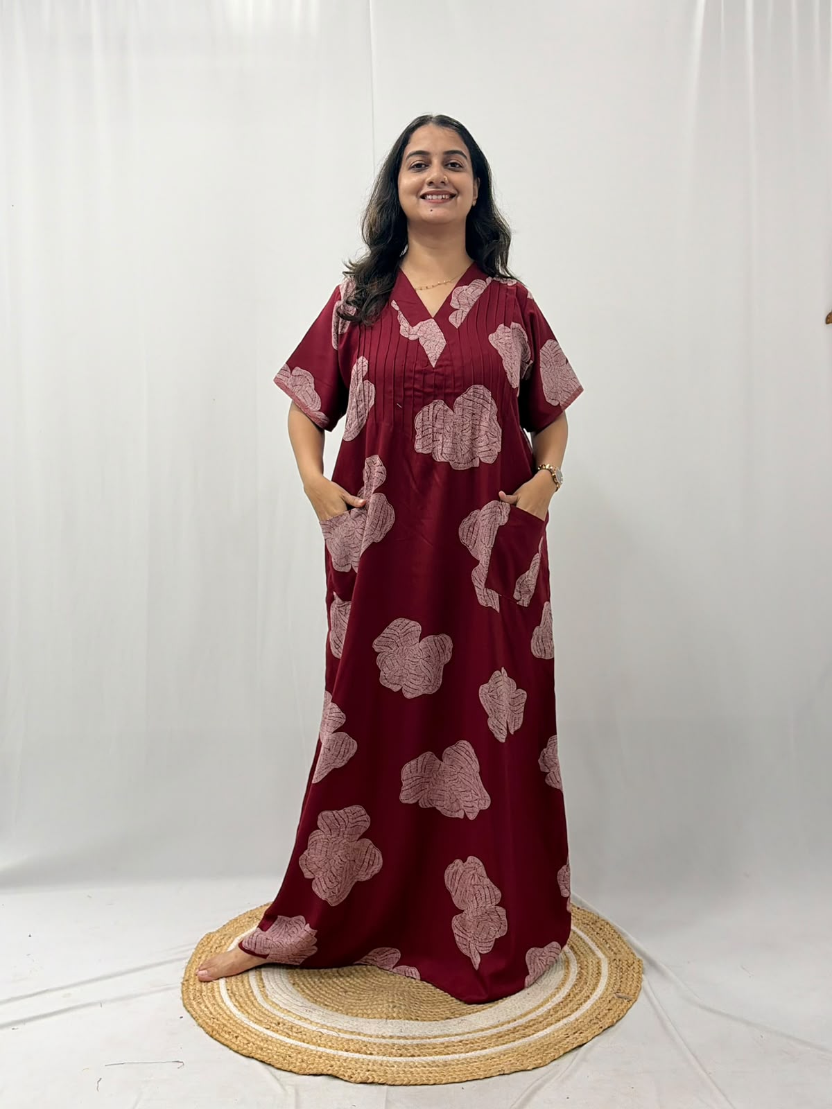 White Floral Printed Maroon V-Neck Alfine Churidar Cut Nighty | Free Size | Chest Width 44″| Length 56″