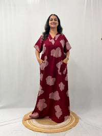 White Floral Printed Maroon V-Neck Alfine Churidar Cut Nighty | Free Size | Chest Width 44″| Length 56″