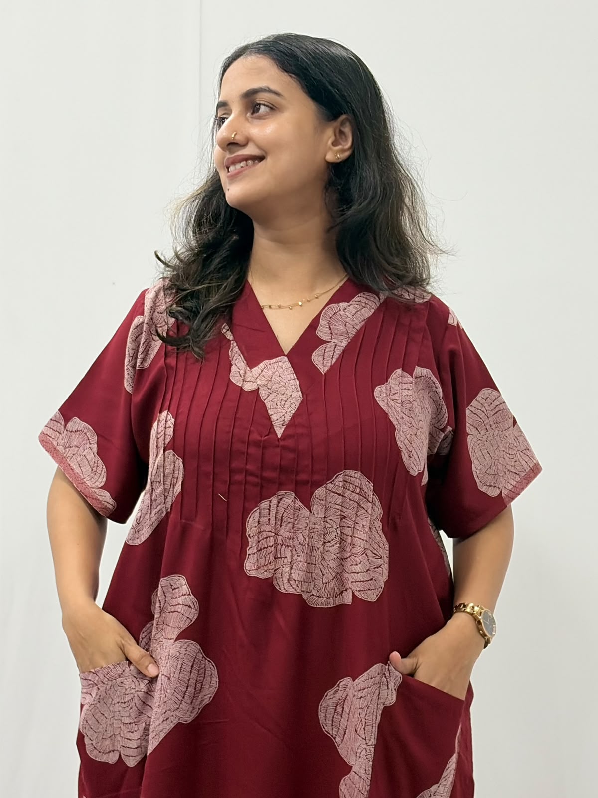 White Floral Printed Maroon V-Neck Alfine Churidar Cut Nighty | Free Size | Chest Width 44″| Length 56″