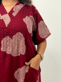 White Floral Printed Maroon V-Neck Alfine Churidar Cut Nighty | Free Size | Chest Width 44″| Length 56″