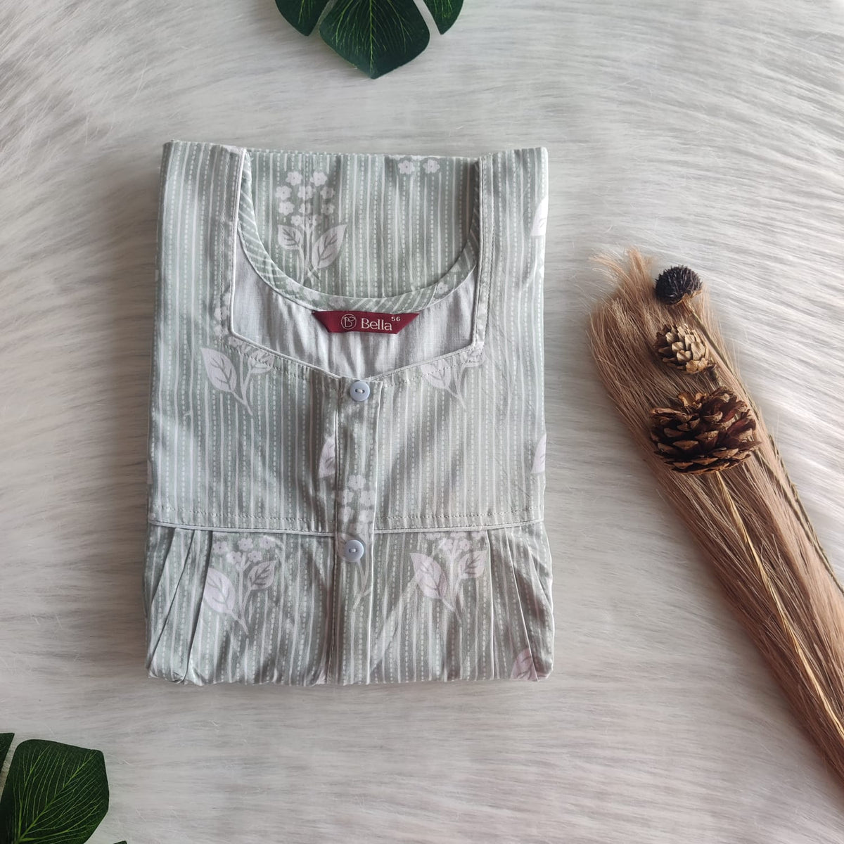 Ash Green Printed Premium Cotton Button Zip Nighty | Free Size | Chest Width 44″| Length 55″-56″
