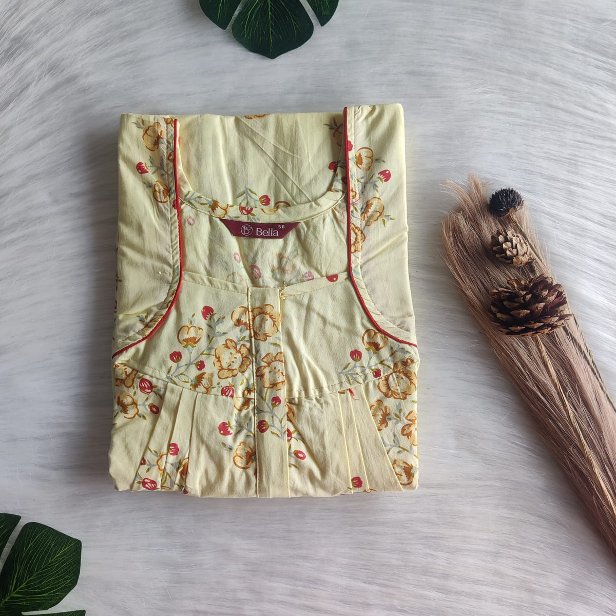 Pale Yellow Printed Pure Cotton Pleated Zip Nighty | Free Size | Chest Width 44″| Length 54″-55″