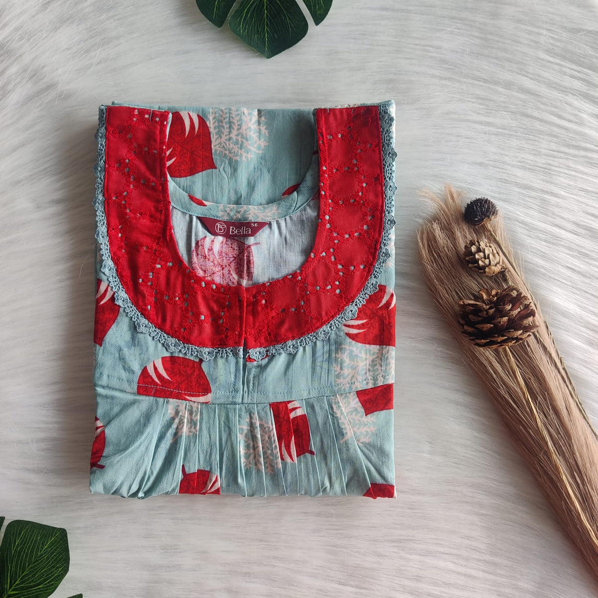 Red Leaf Printed Blue Premium Cotton Hakoba Lace Nighty | Free Size | Chest Width 44″| Length 54″-56″