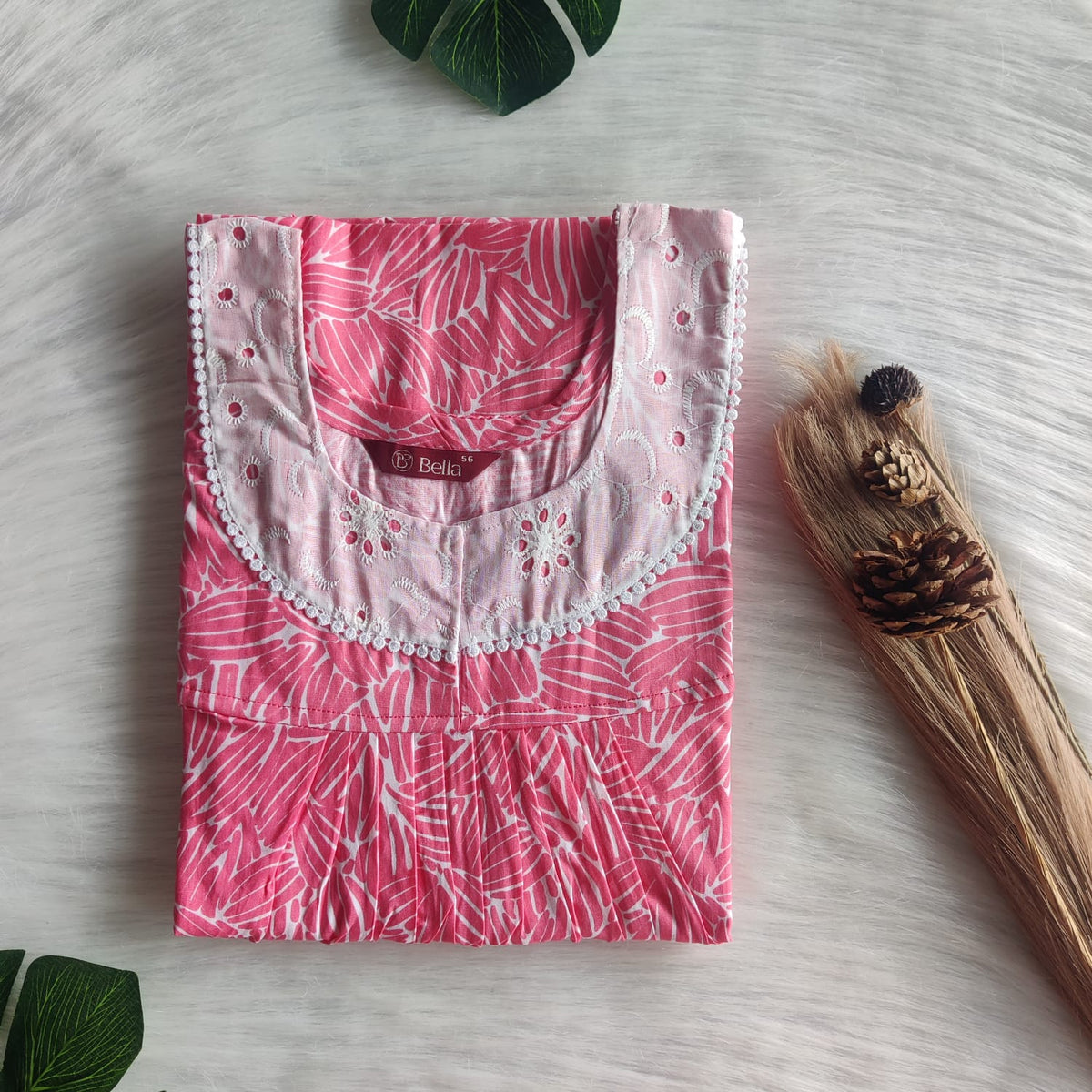 Pink Printed Premium Cotton Hakoba Lace Nighty | Free Size | Chest Width 44″| Length 54″-56″