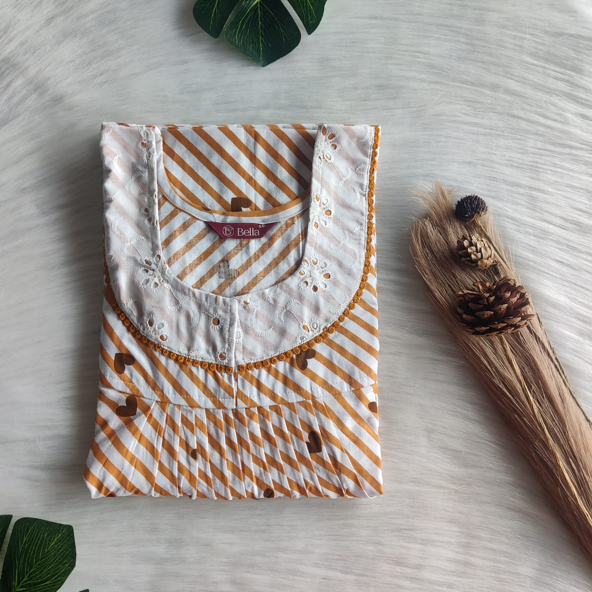 Brown Printed Premium Cotton Hakoba Lace Nighty | Free Size | Chest Width 44″| Length 54″-56″