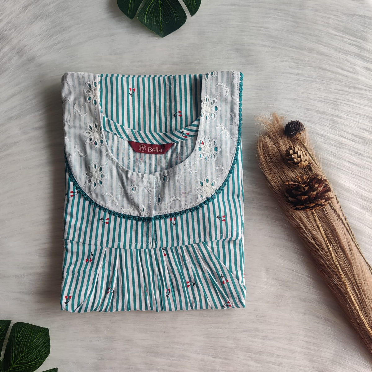 Aqua Green Stripes Printed Premium Cotton Hakoba Lace Nighty | Free Size | Chest Width 44″| Length 54″-56″