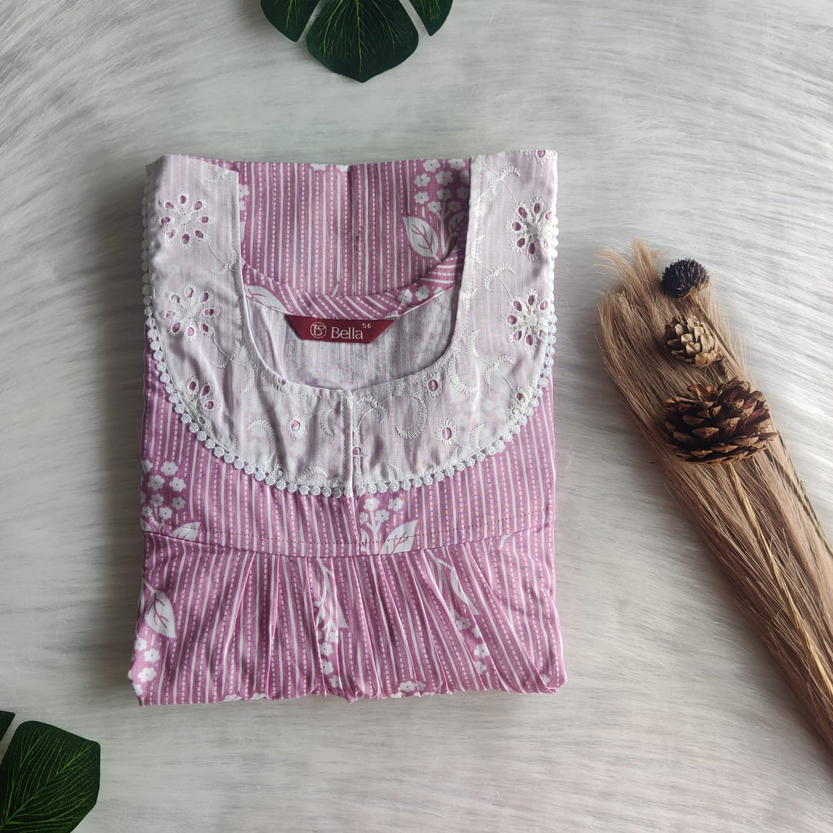 Mauve Stripes Printed Premium Cotton Hakoba Lace Nighty | Free Size | Chest Width 44″| Length 54″-56″