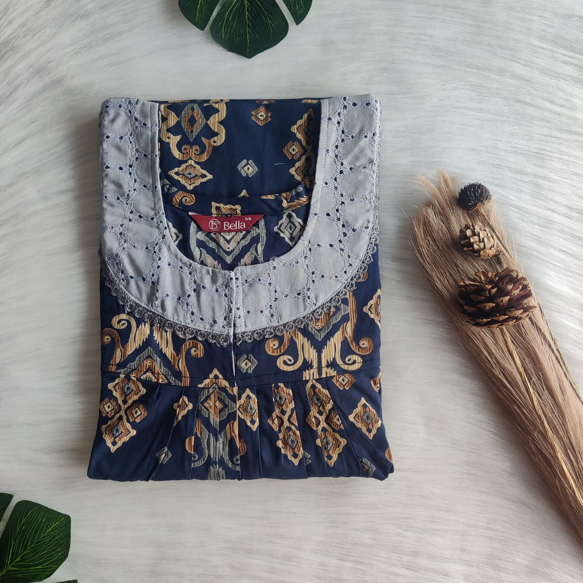 Navy Blue Printed Pure Cotton Hakoba Lace Nighty | Free Size | Chest Width 44″| Length 54″-56″