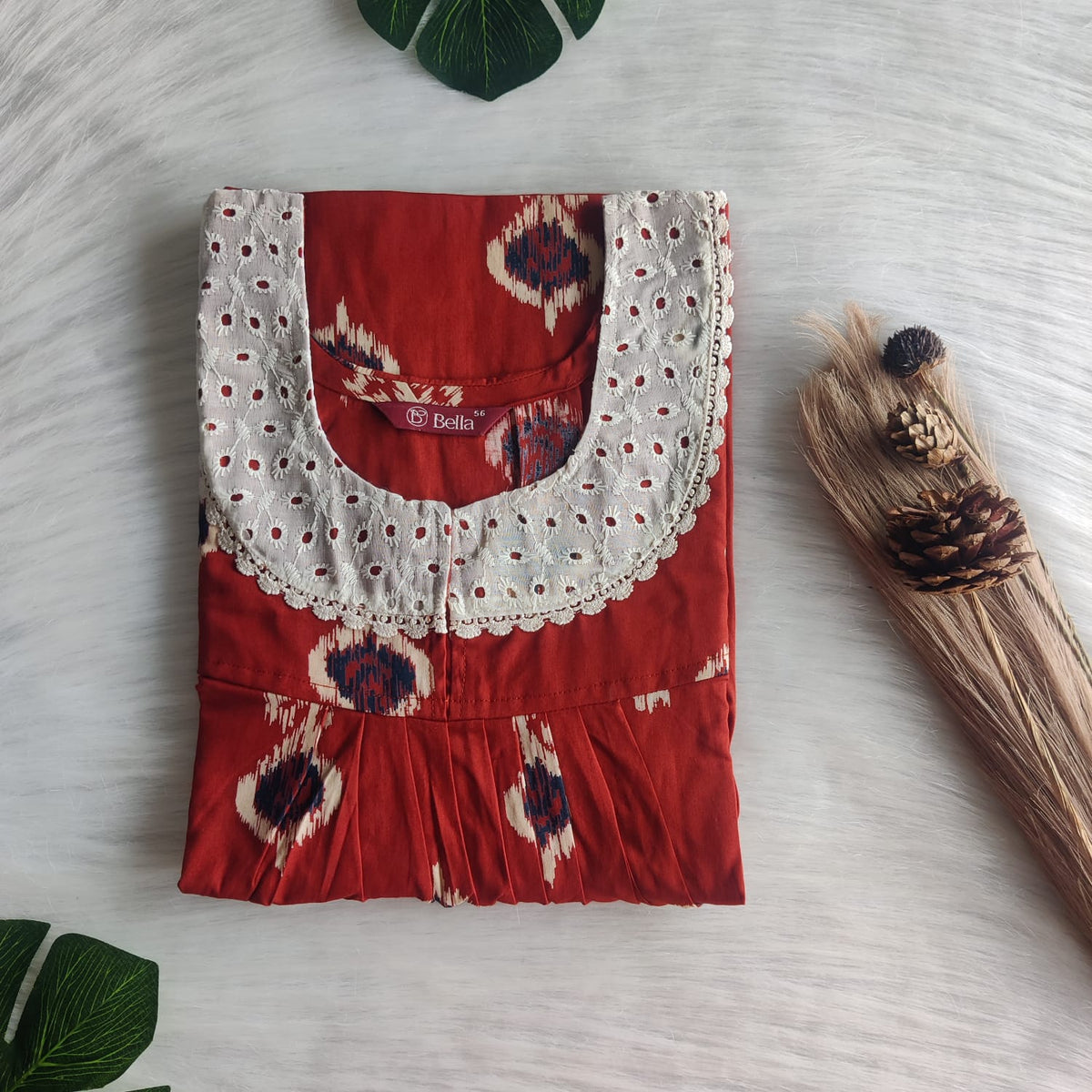Burned Orange Printed Pure Cotton Hakoba Lace Nighty | Free Size | Chest Width 44″| Length 54″-56″