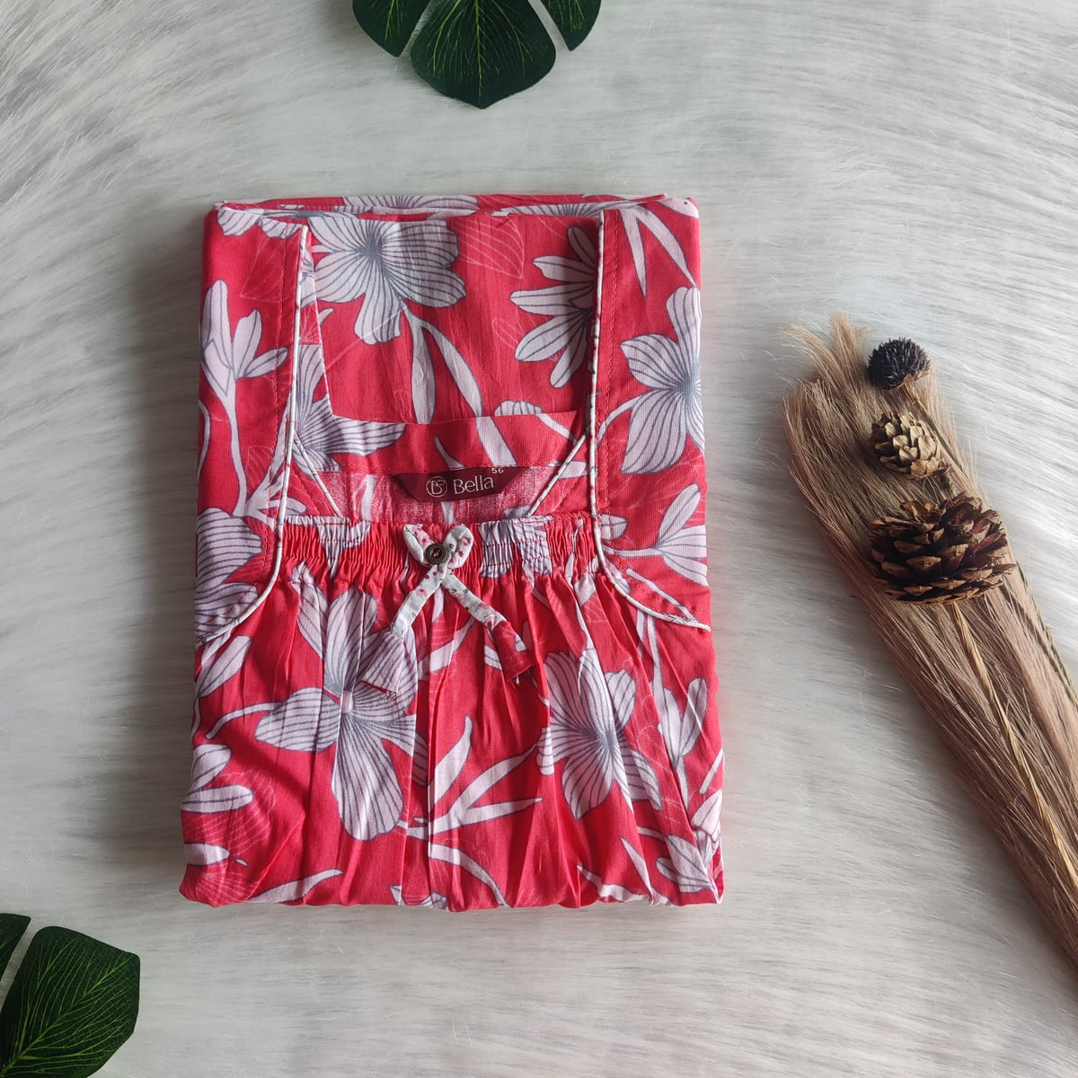 White Floral Printed Peach Premium Cotton Front Elastic Pleated Nighty | Free Size | Chest Width 44″| Length 56″