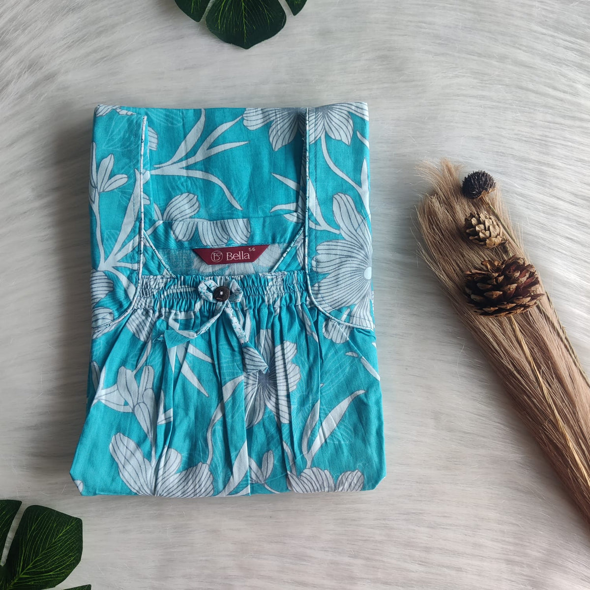 Blue Floral Printed Premium Cotton Front Elastic Pleated Nighty | Free Size | Chest Width 44″| Length 56″
