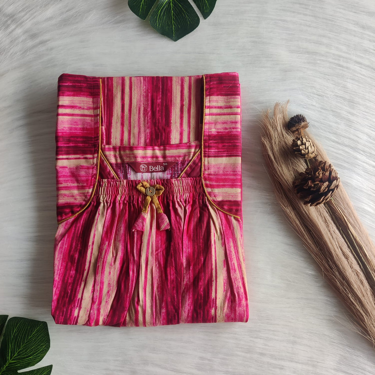 Pink And Cream Printed Premium Cotton Front Elastic Pleated Nighty | Free Size | Chest Width 44″| Length 56″