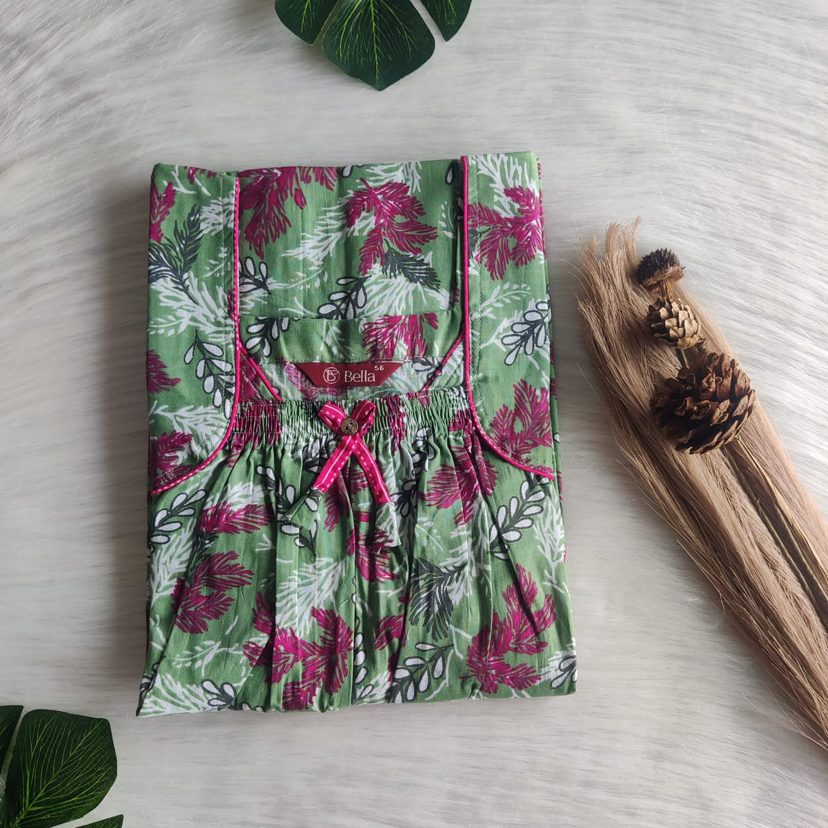 Green And Pink Printed Premium Cotton Front Elastic Pleated Nighty | Free Size | Chest Width 44″| Length 56″