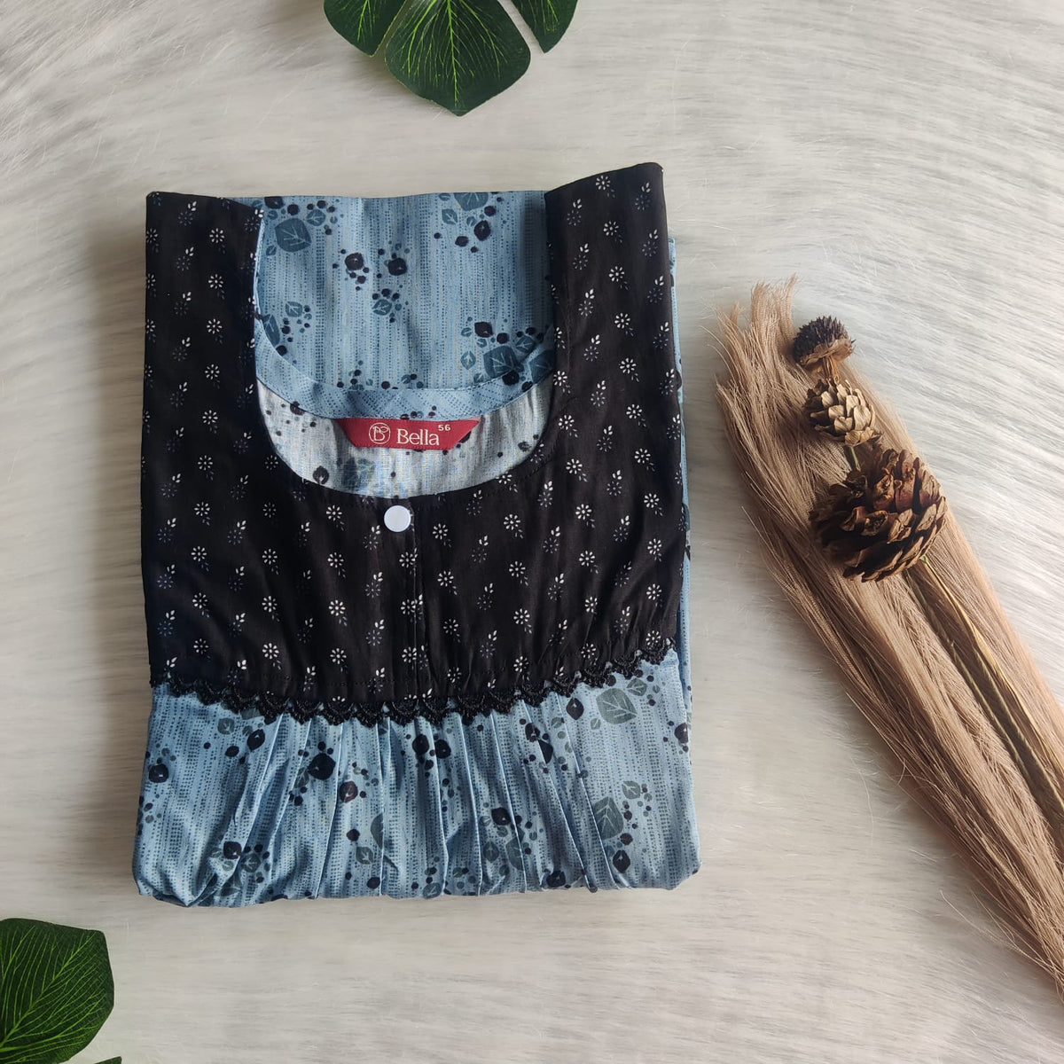 Dark And Pale Blue Printed Premium Cotton Lace Nighty | Free Size | Chest Width 44″| Length 54″-56″