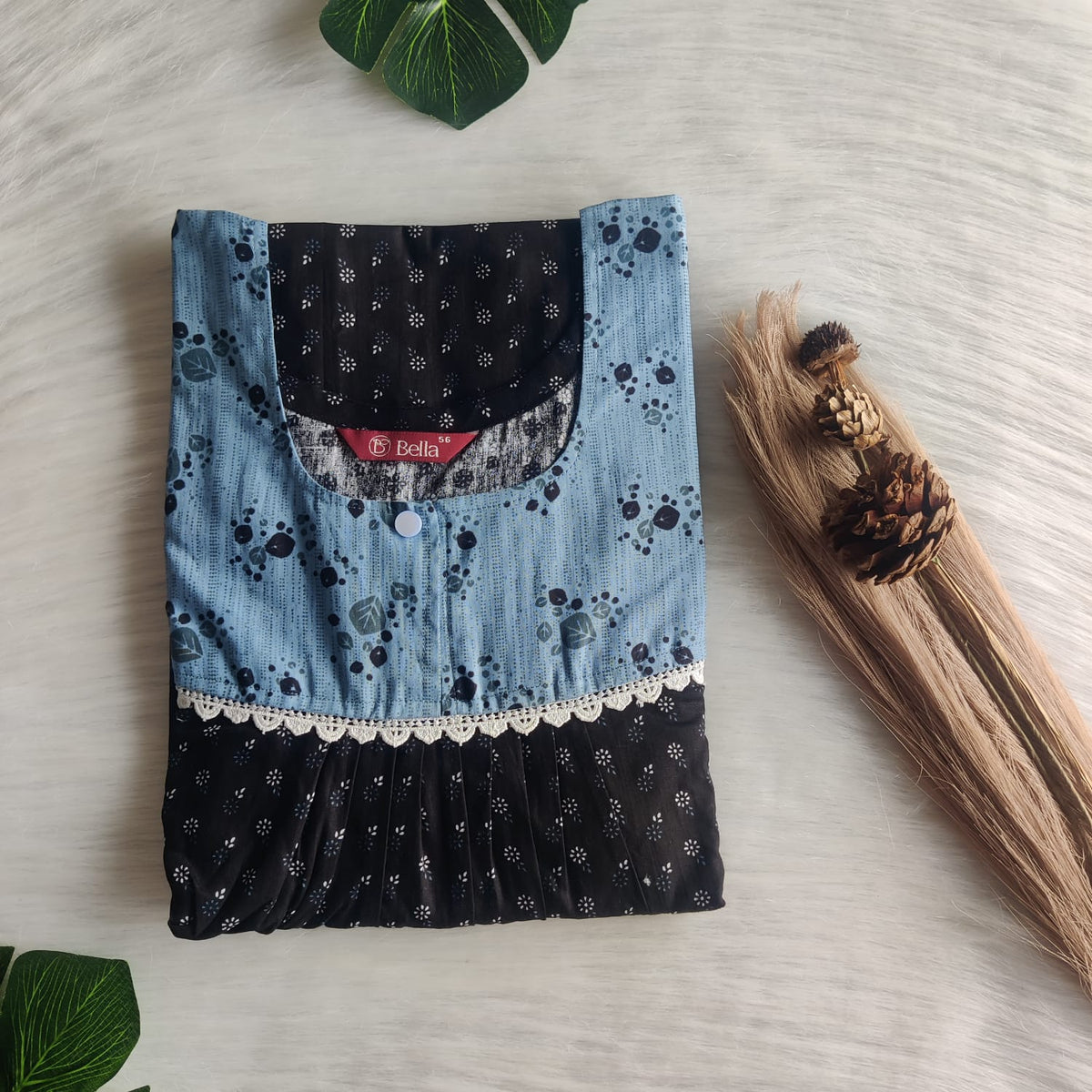 Pale And Dark Blue Printed Premium Cotton Lace Nighty | Free Size | Chest Width 44″| Length 54″-56″