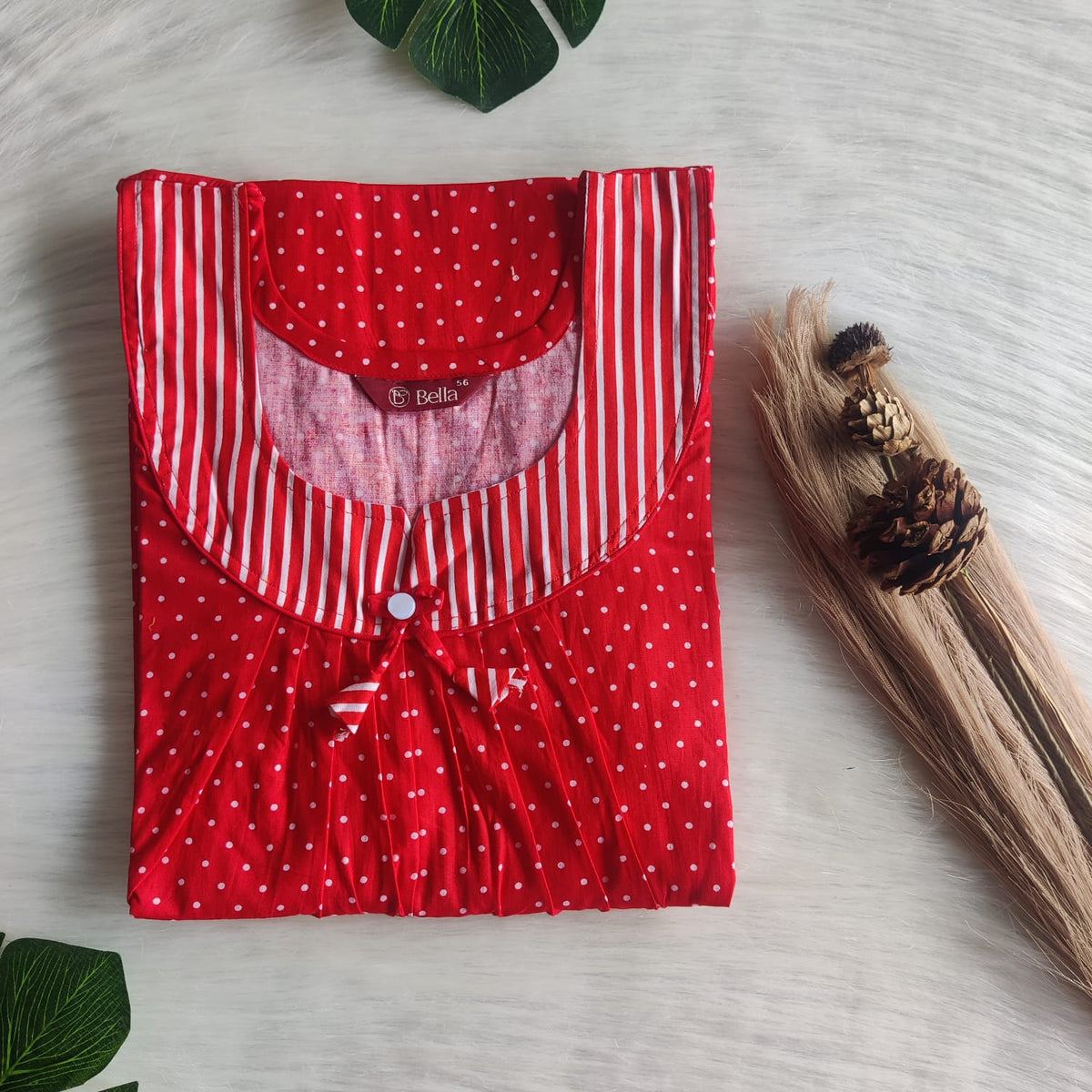 White And Red Printed Premium Cotton No Zip Pleated Nighty | Free Size | Chest Width 44″| Length 55″-56″