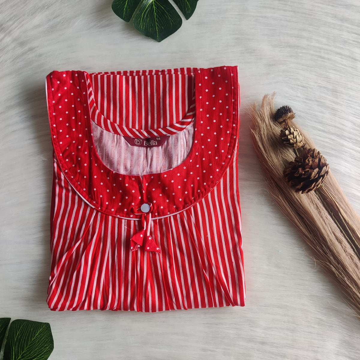 Red And White Stripe Printed Premium Cotton No Zip Pleated Nighty | Free Size | Chest Width 44″| Length 55″-56″