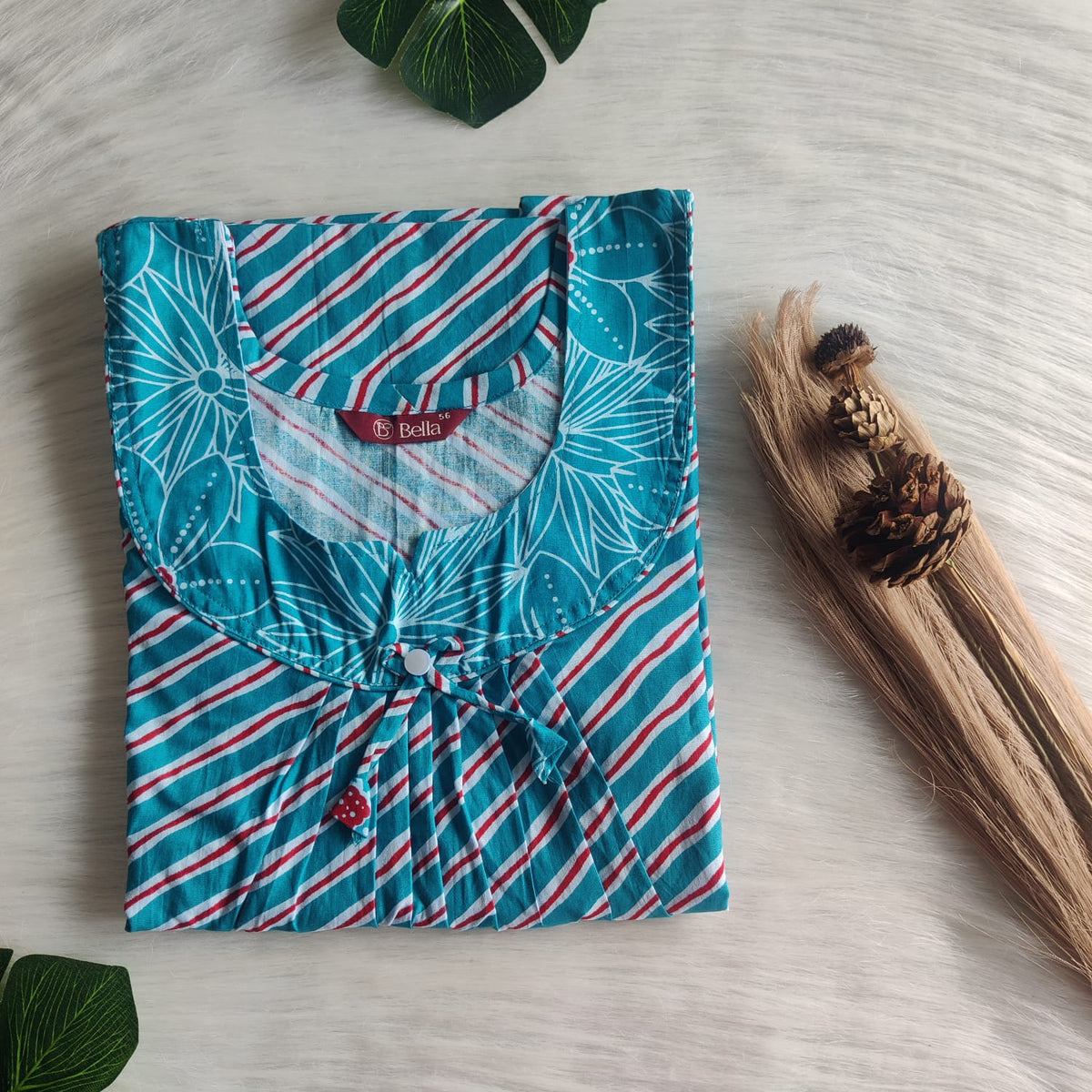 Blue And Red Stripe Printed Premium Cotton No Zip Pleated Nighty | Free Size | Chest Width 44″| Length 55″-56″
