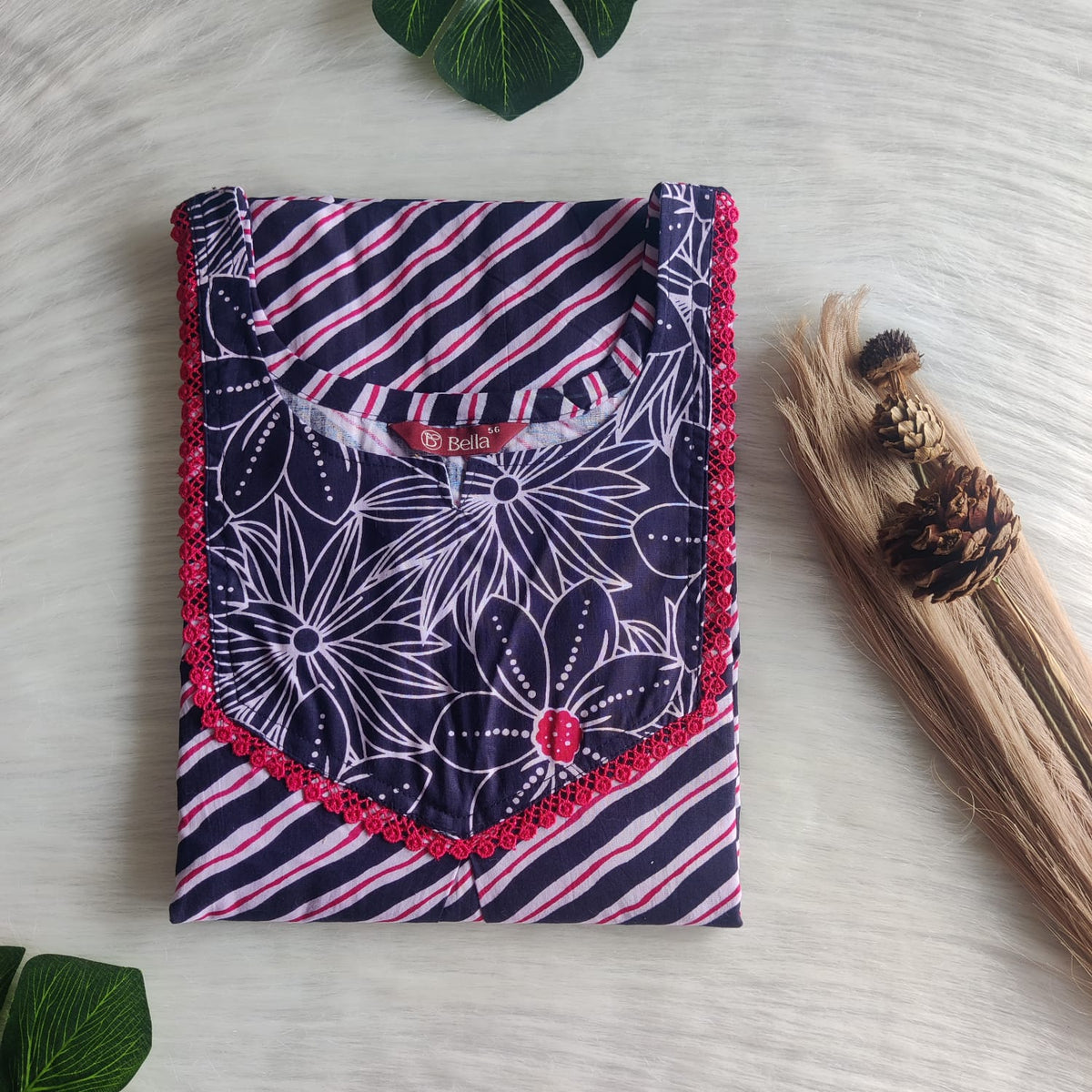 Navy Blue And Pink Stripes Printed Premium Cotton Mix N Match Lace Pocket Nighty | Free Size | Chest Width 44″| Length 56″