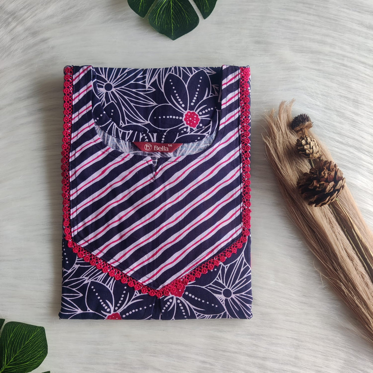 Pink And Navy Blue Floral Printed Premium Cotton Mix N Match Lace Pocket Nighty | Free Size | Chest Width 44″| Length 56″
