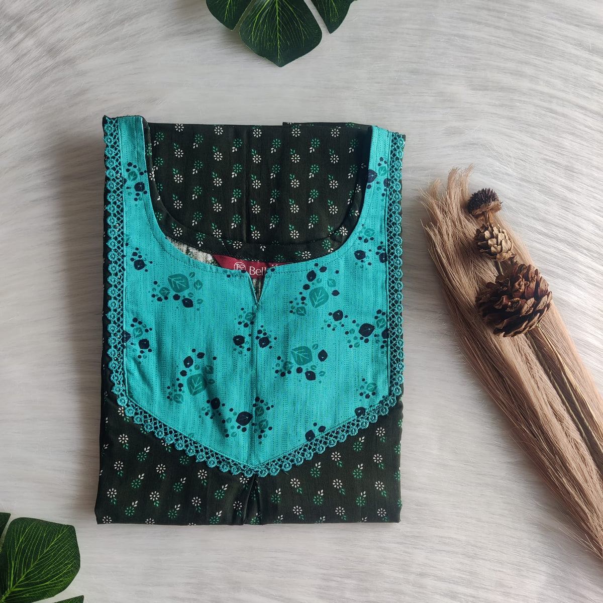 Pale And Dark Green Floral Printed Premium Cotton Mix N Match Lace Pocket Nighty | Free Size | Chest Width 44″| Length 56″